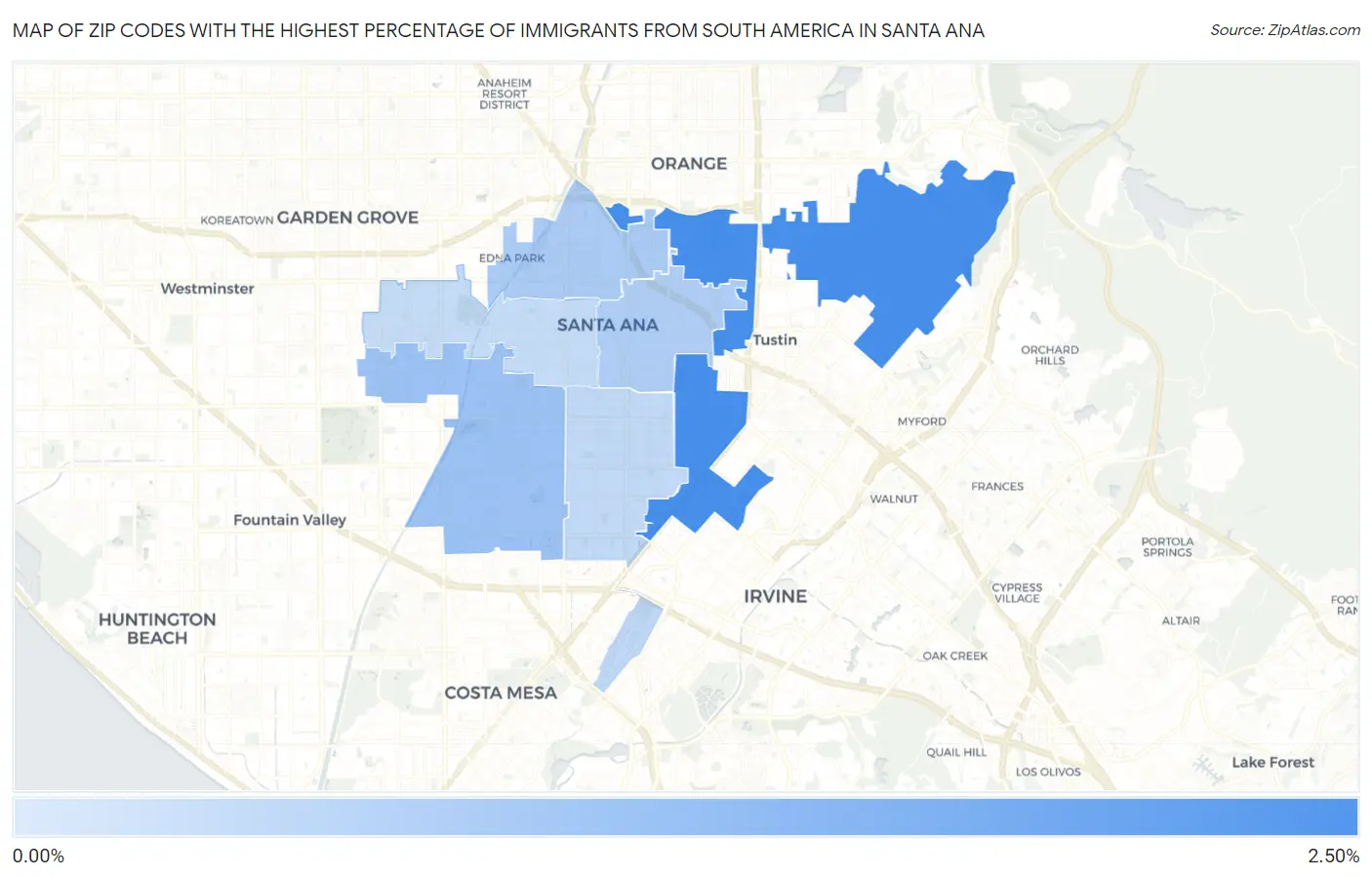 Zip Codes with the Highest Percentage of Immigrants from South America in Santa Ana Map