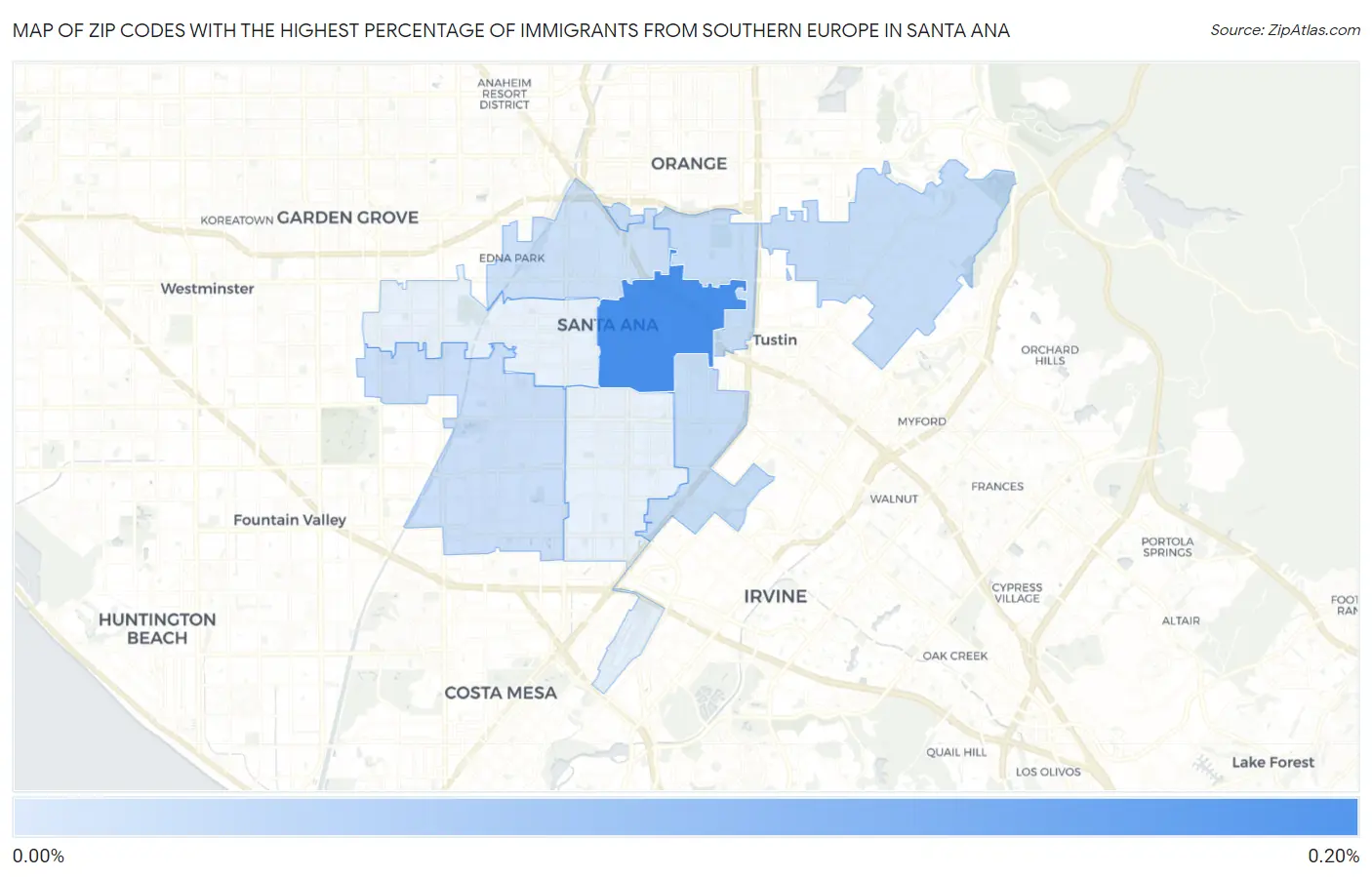 Zip Codes with the Highest Percentage of Immigrants from Southern Europe in Santa Ana Map