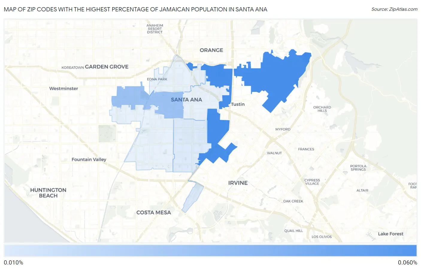 Zip Codes with the Highest Percentage of Jamaican Population in Santa Ana Map