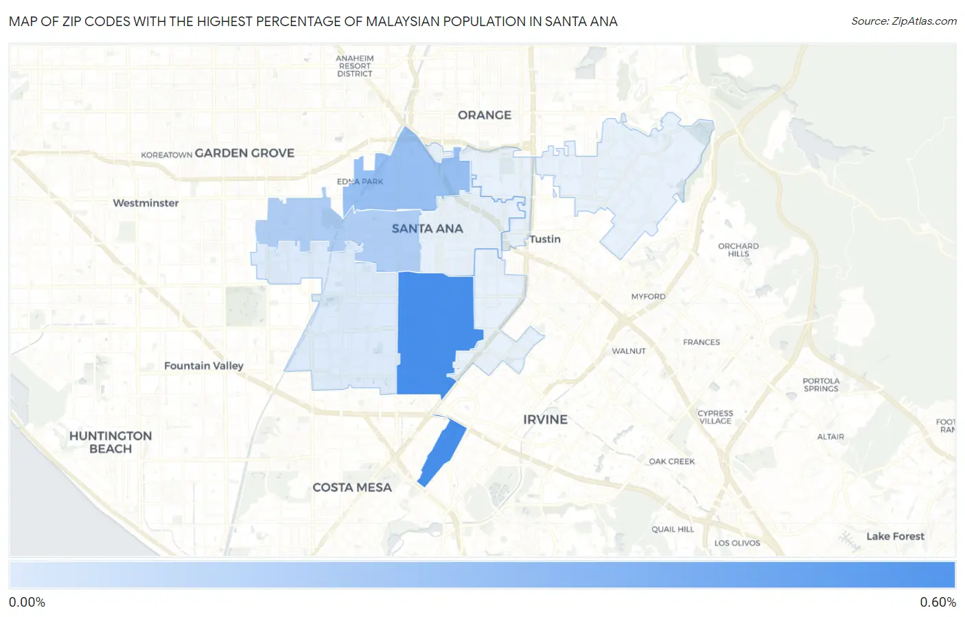 Zip Codes with the Highest Percentage of Malaysian Population in Santa Ana Map