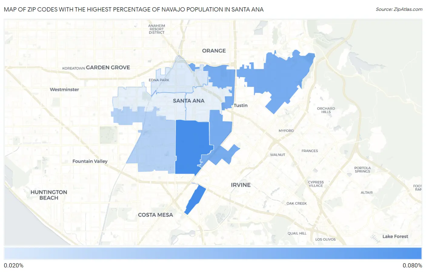 Zip Codes with the Highest Percentage of Navajo Population in Santa Ana Map