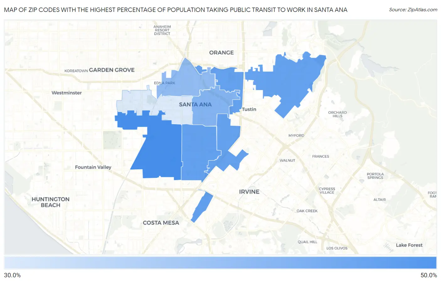 Zip Codes with the Highest Percentage of Population Taking Public Transit to Work in Santa Ana Map