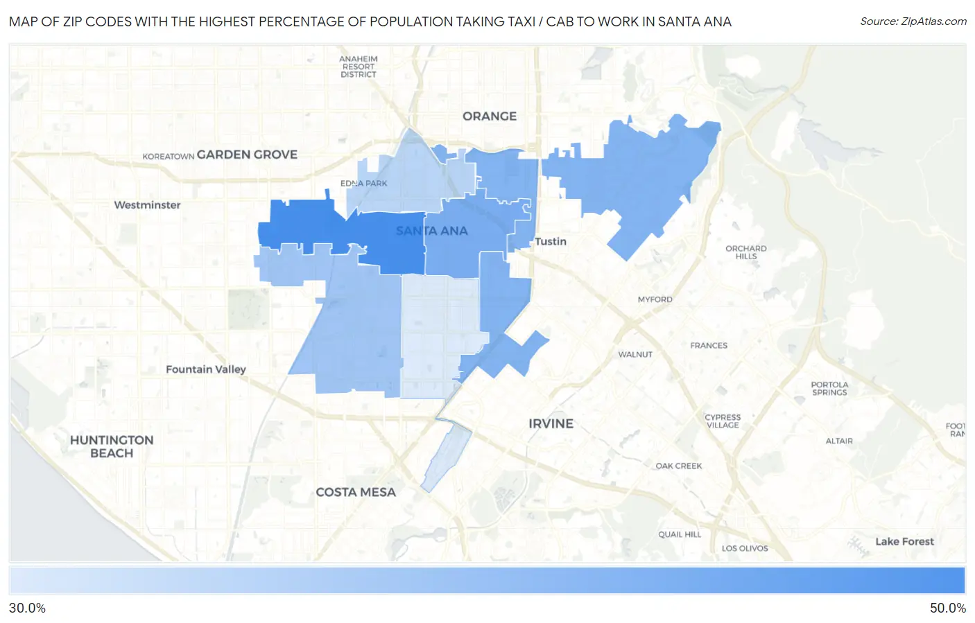Zip Codes with the Highest Percentage of Population Taking Taxi / Cab to Work in Santa Ana Map