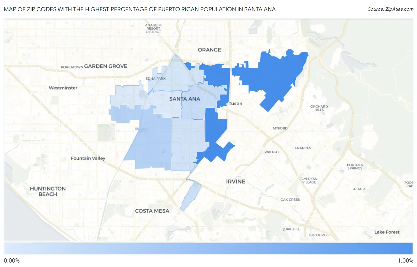 Zip Codes with the Highest Percentage of Puerto Rican Population in Santa Ana Map