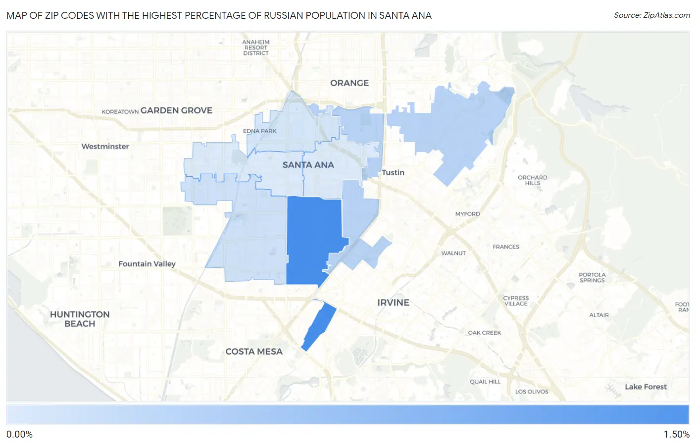 Zip Codes with the Highest Percentage of Russian Population in Santa Ana Map