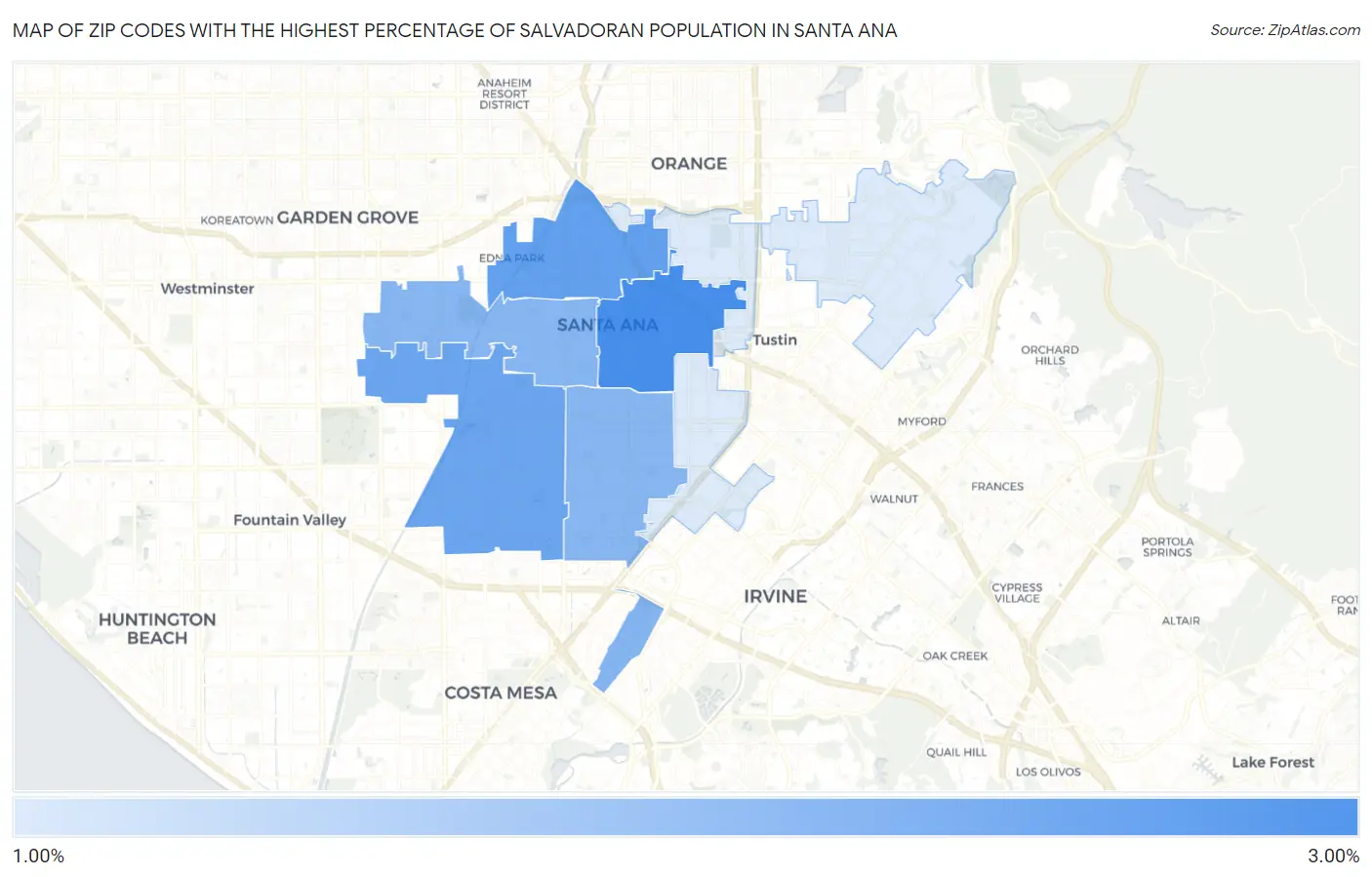 Zip Codes with the Highest Percentage of Salvadoran Population in Santa Ana Map