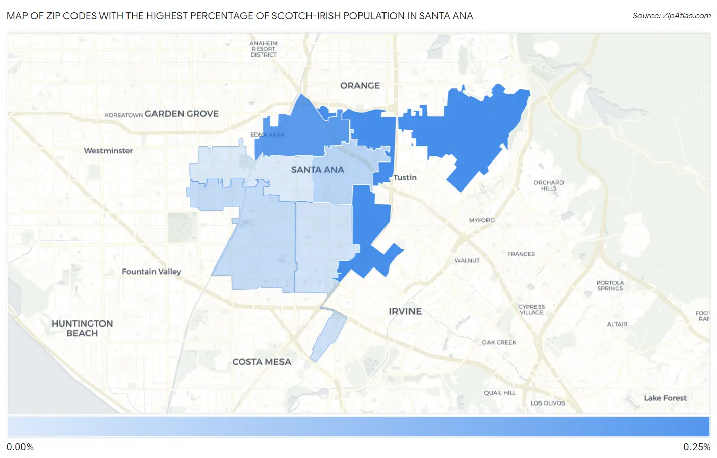 Zip Codes with the Highest Percentage of Scotch-Irish Population in Santa Ana Map