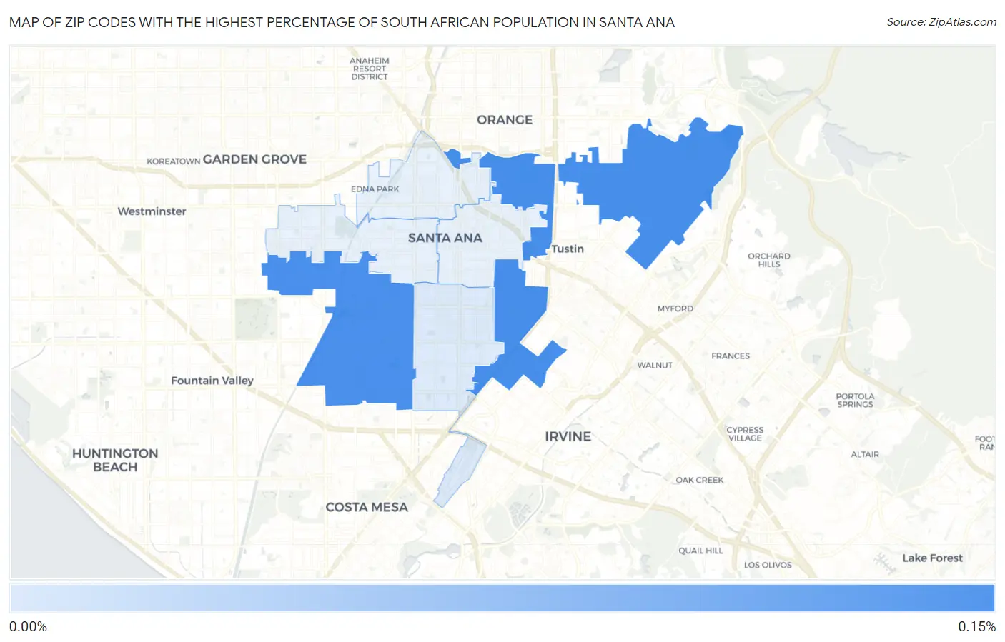 Zip Codes with the Highest Percentage of South African Population in Santa Ana Map