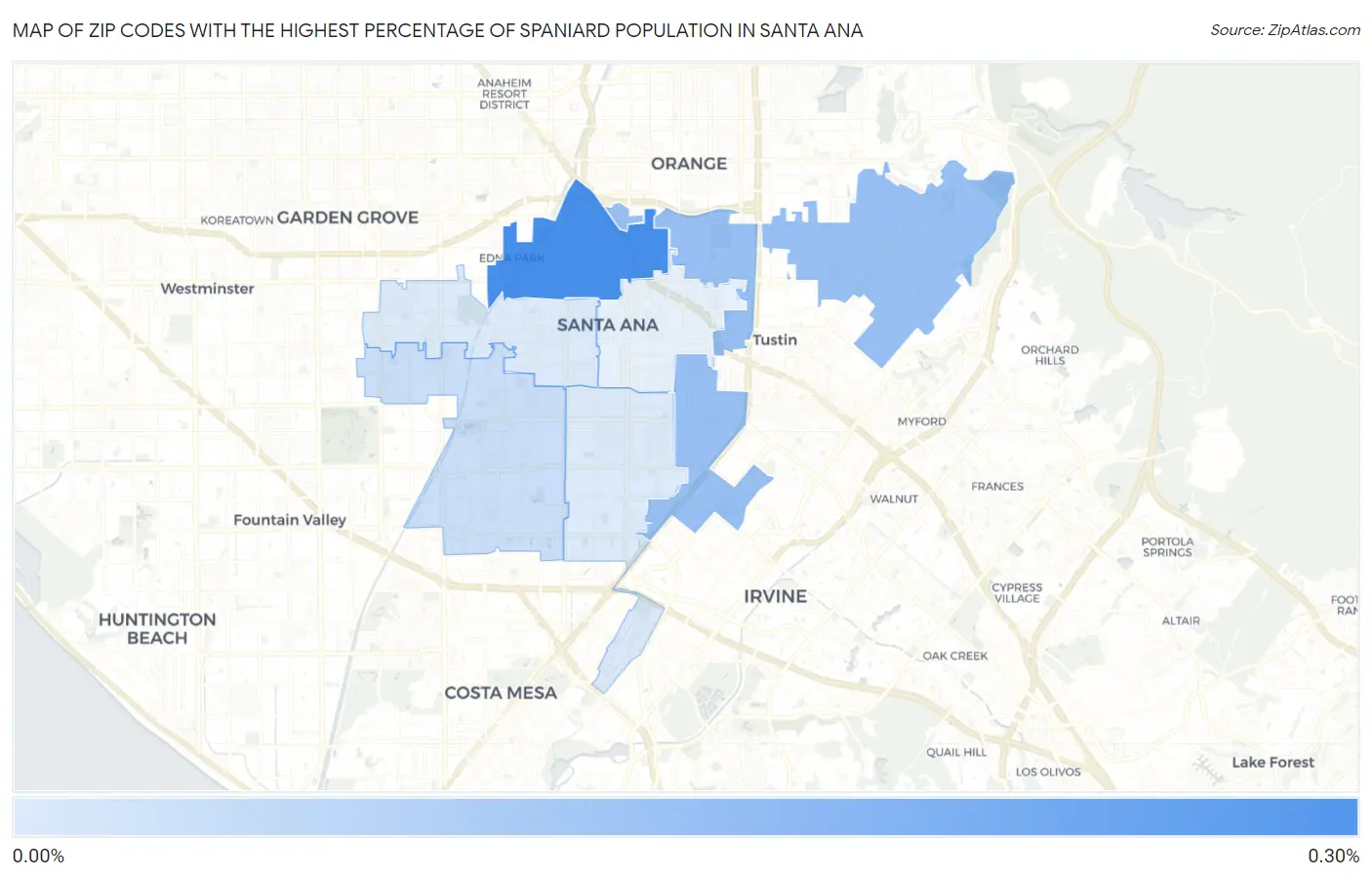 Zip Codes with the Highest Percentage of Spaniard Population in Santa Ana Map