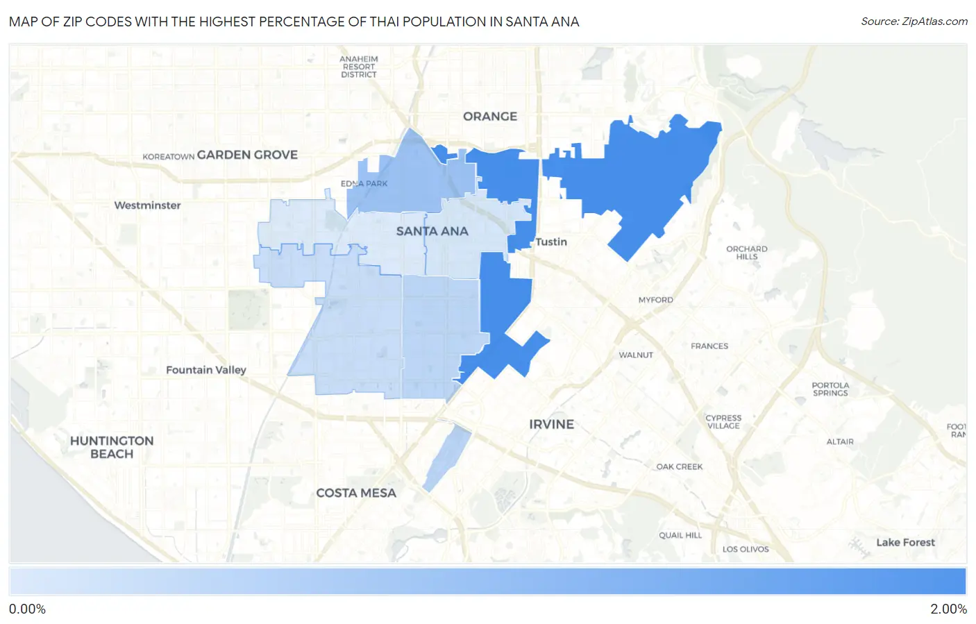 Zip Codes with the Highest Percentage of Thai Population in Santa Ana Map