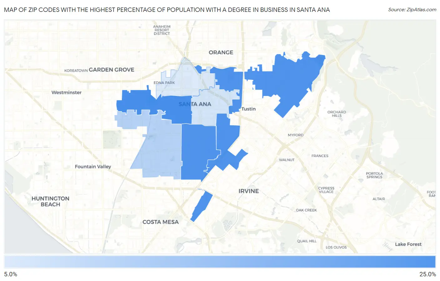 Zip Codes with the Highest Percentage of Population with a Degree in Business in Santa Ana Map