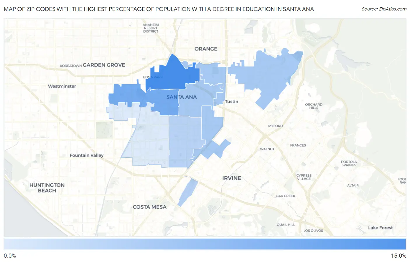 Zip Codes with the Highest Percentage of Population with a Degree in Education in Santa Ana Map