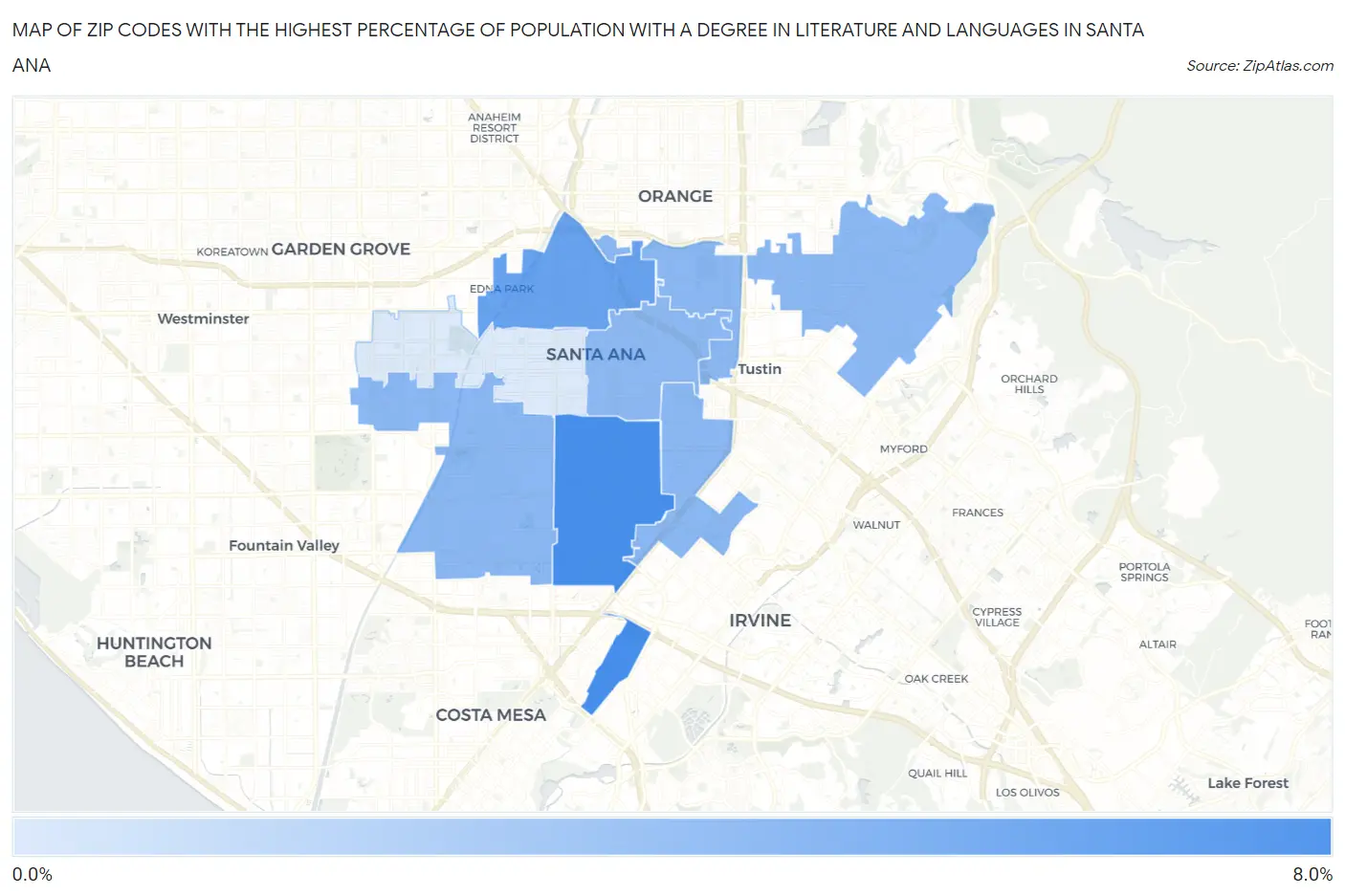 Zip Codes with the Highest Percentage of Population with a Degree in Literature and Languages in Santa Ana Map