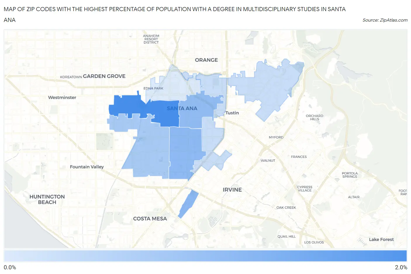 Zip Codes with the Highest Percentage of Population with a Degree in Multidisciplinary Studies in Santa Ana Map