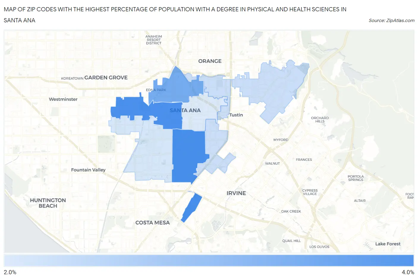 Zip Codes with the Highest Percentage of Population with a Degree in Physical and Health Sciences in Santa Ana Map