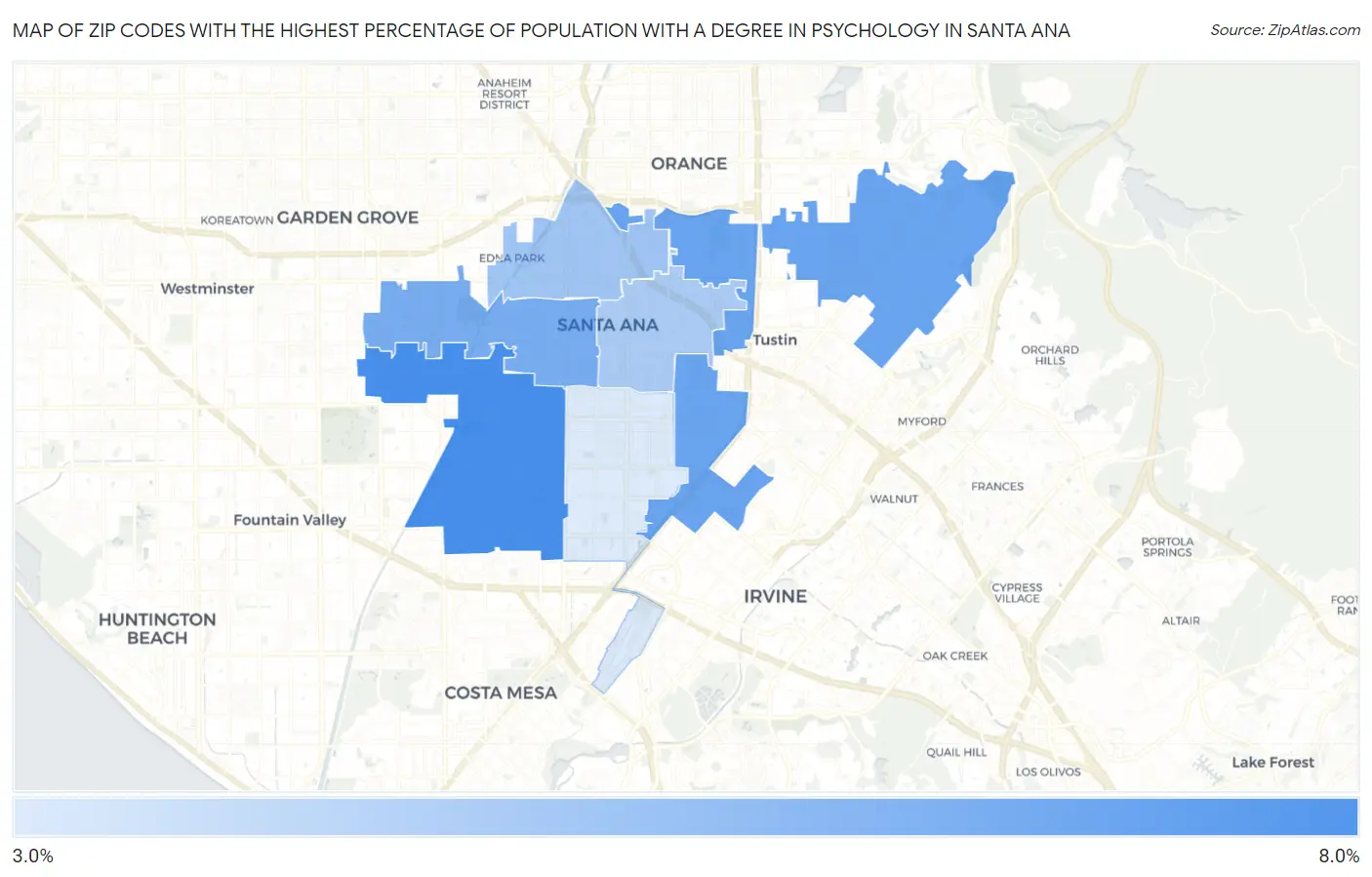 Zip Codes with the Highest Percentage of Population with a Degree in Psychology in Santa Ana Map
