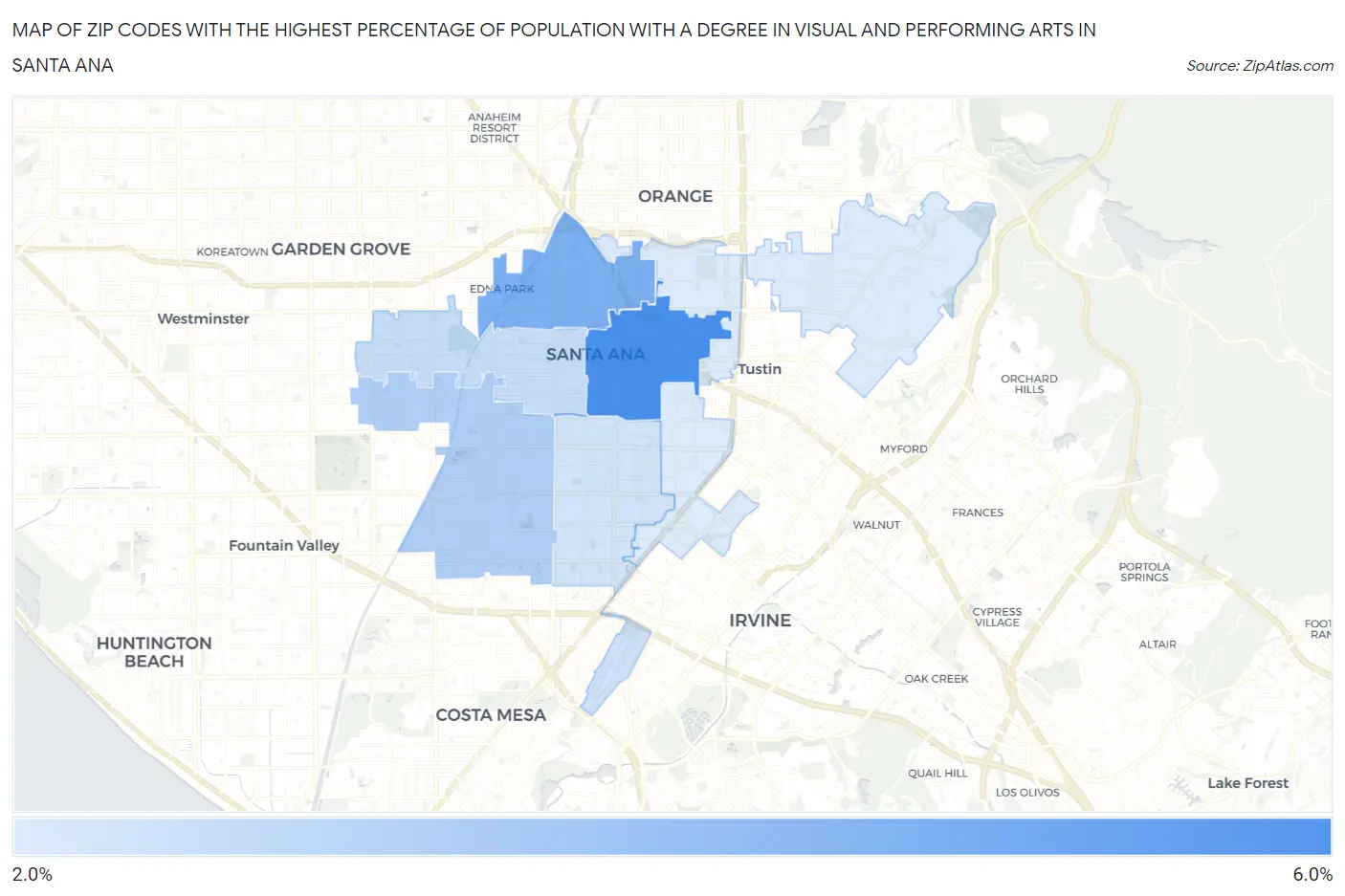 Zip Codes with the Highest Percentage of Population with a Degree in Visual and Performing Arts in Santa Ana Map