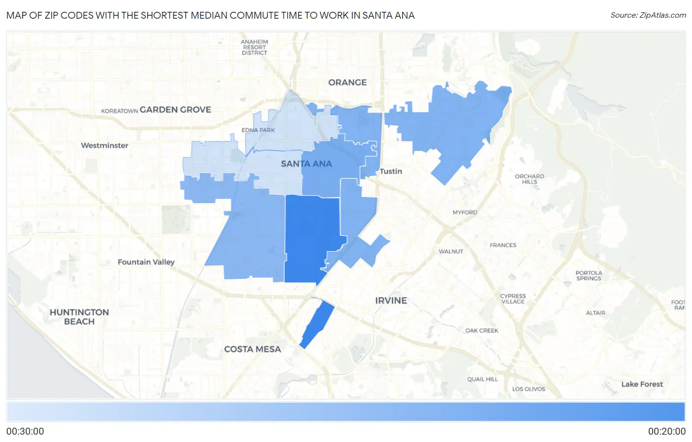 Zip Codes with the Shortest Median Commute Time to Work in Santa Ana Map