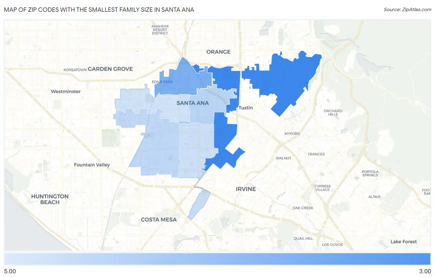 Zip Codes with the Smallest Family Size in Santa Ana Map