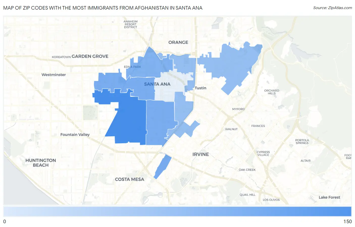 Zip Codes with the Most Immigrants from Afghanistan in Santa Ana Map