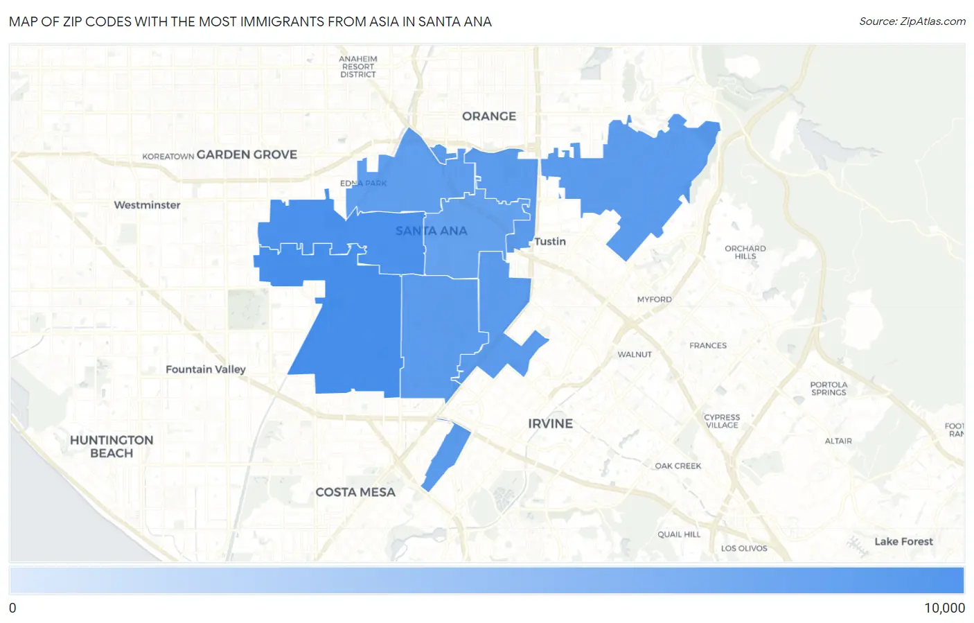 Zip Codes with the Most Immigrants from Asia in Santa Ana Map
