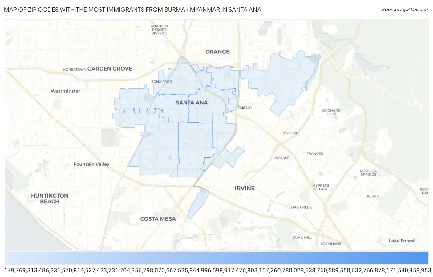 Zip Codes with the Most Immigrants from Burma / Myanmar in Santa Ana Map