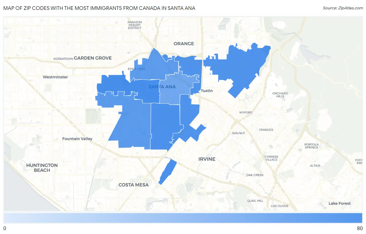 Zip Codes with the Most Immigrants from Canada in Santa Ana Map
