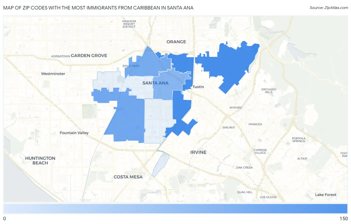Zip Codes with the Most Immigrants from Caribbean in Santa Ana Map