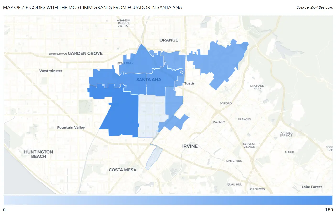 Zip Codes with the Most Immigrants from Ecuador in Santa Ana Map