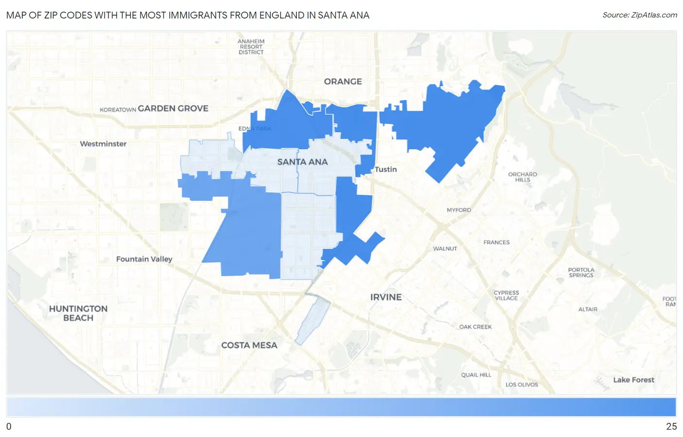 Zip Codes with the Most Immigrants from England in Santa Ana Map