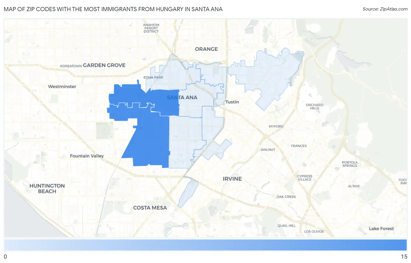 Zip Codes with the Most Immigrants from Hungary in Santa Ana Map