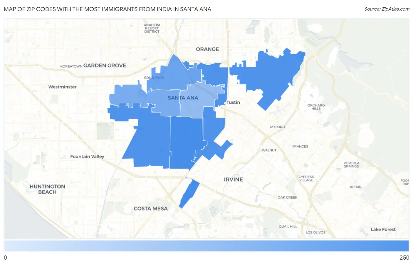 Zip Codes with the Most Immigrants from India in Santa Ana Map