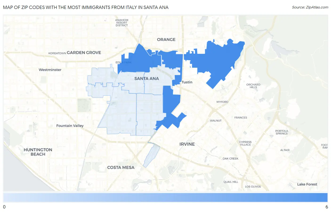 Zip Codes with the Most Immigrants from Italy in Santa Ana Map