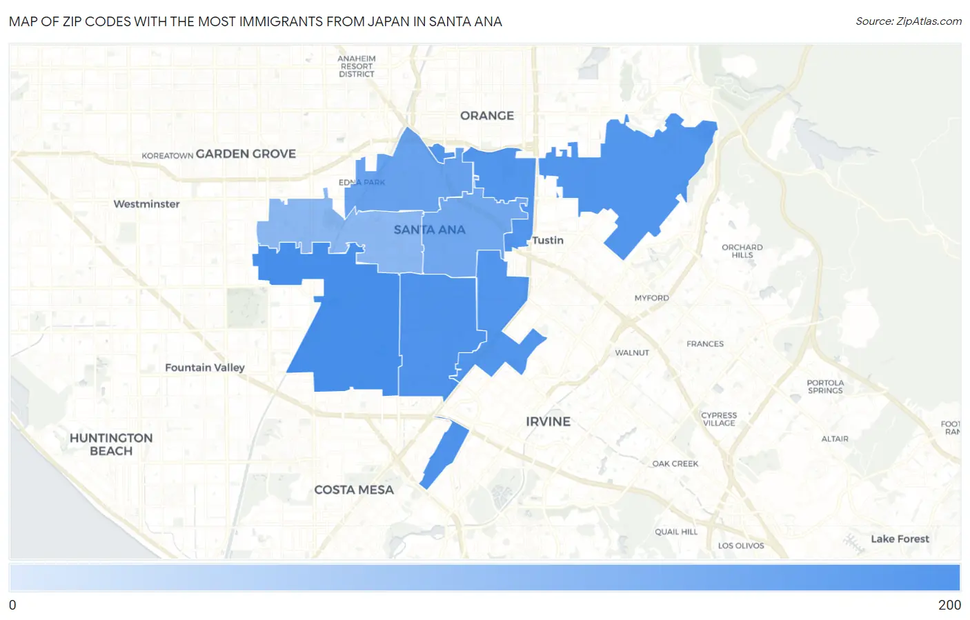 Zip Codes with the Most Immigrants from Japan in Santa Ana Map