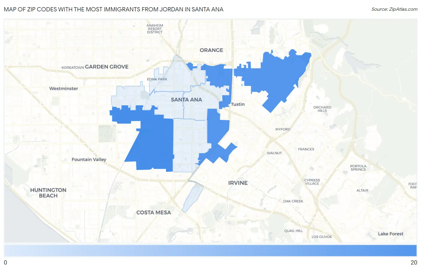 Zip Codes with the Most Immigrants from Jordan in Santa Ana Map