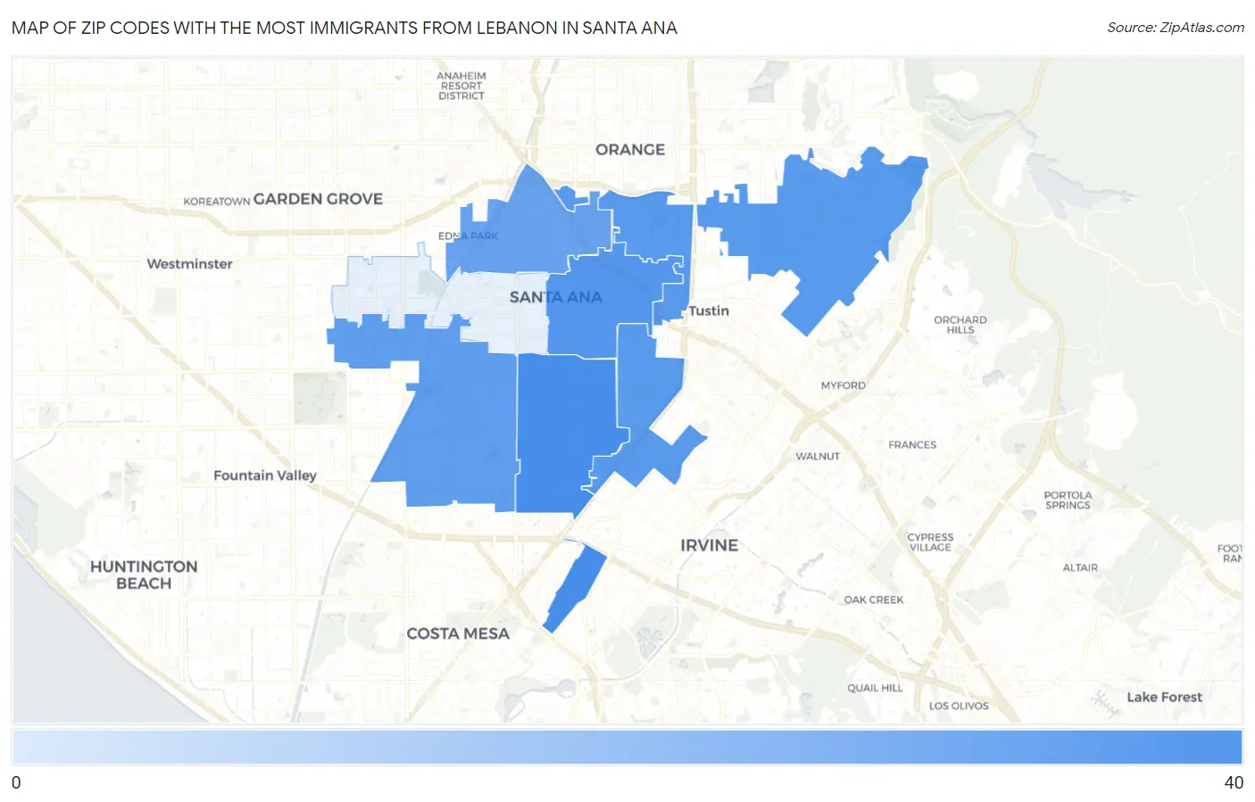 Zip Codes with the Most Immigrants from Lebanon in Santa Ana Map