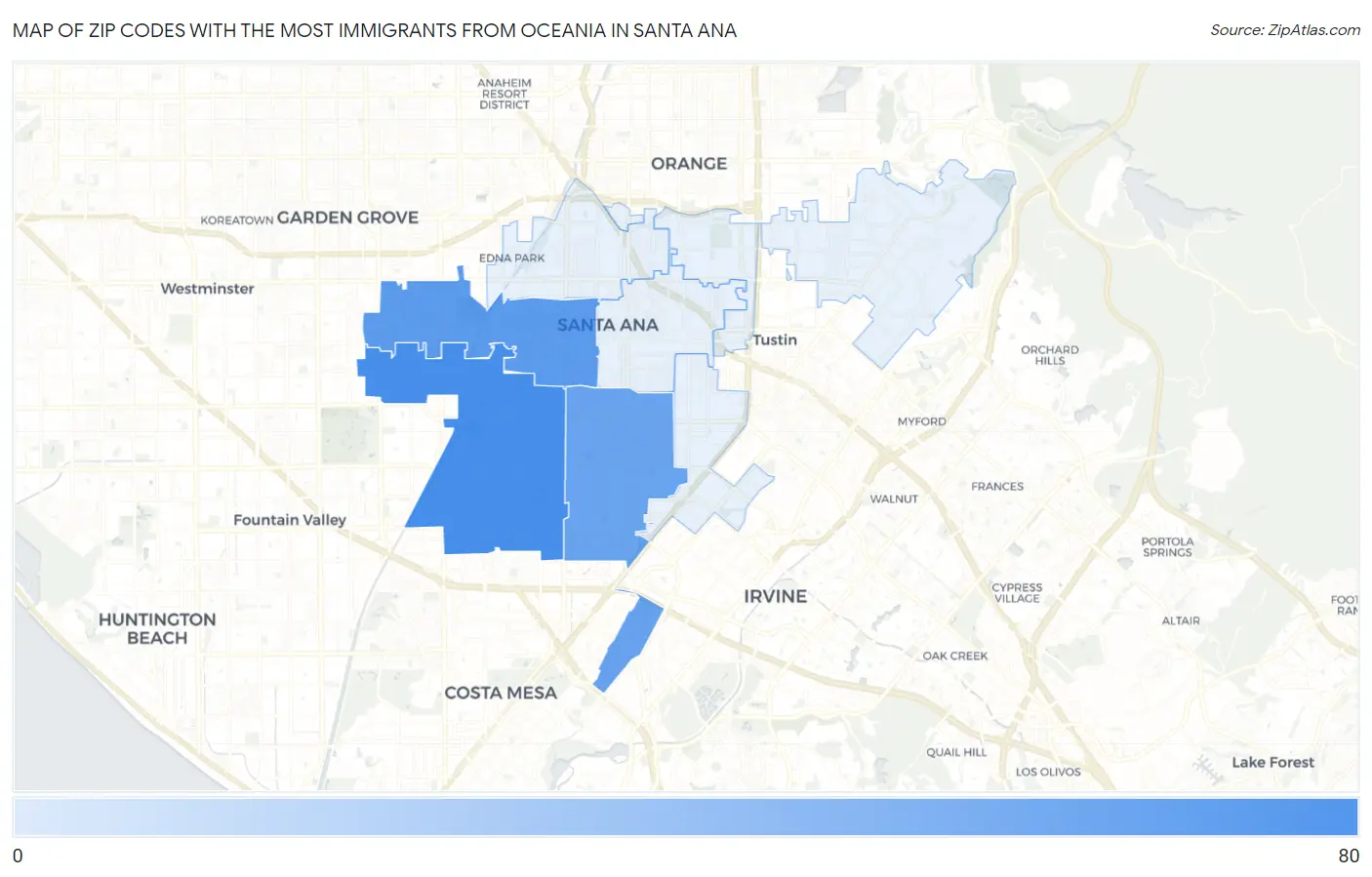 Zip Codes with the Most Immigrants from Oceania in Santa Ana Map
