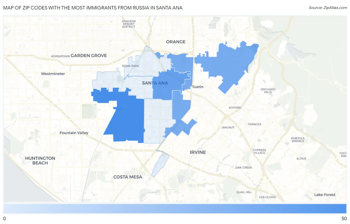 Zip Codes with the Most Immigrants from Russia in Santa Ana Map