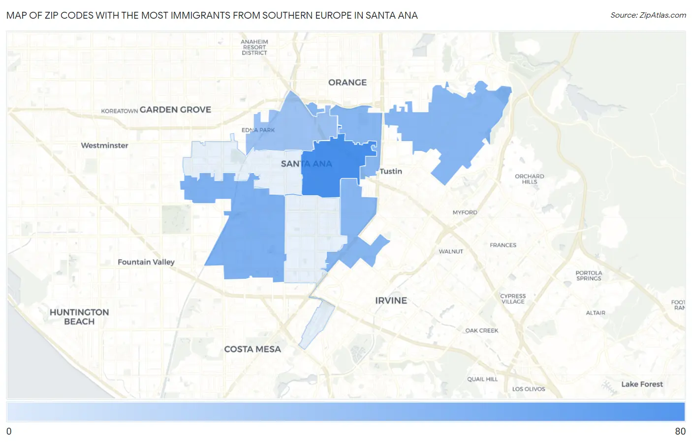Zip Codes with the Most Immigrants from Southern Europe in Santa Ana Map