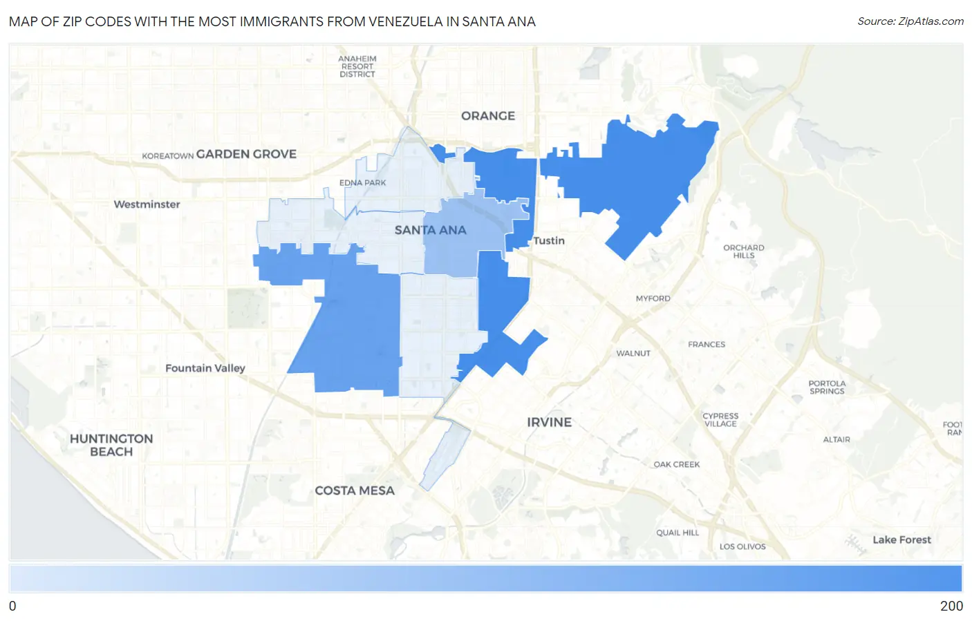 Zip Codes with the Most Immigrants from Venezuela in Santa Ana Map