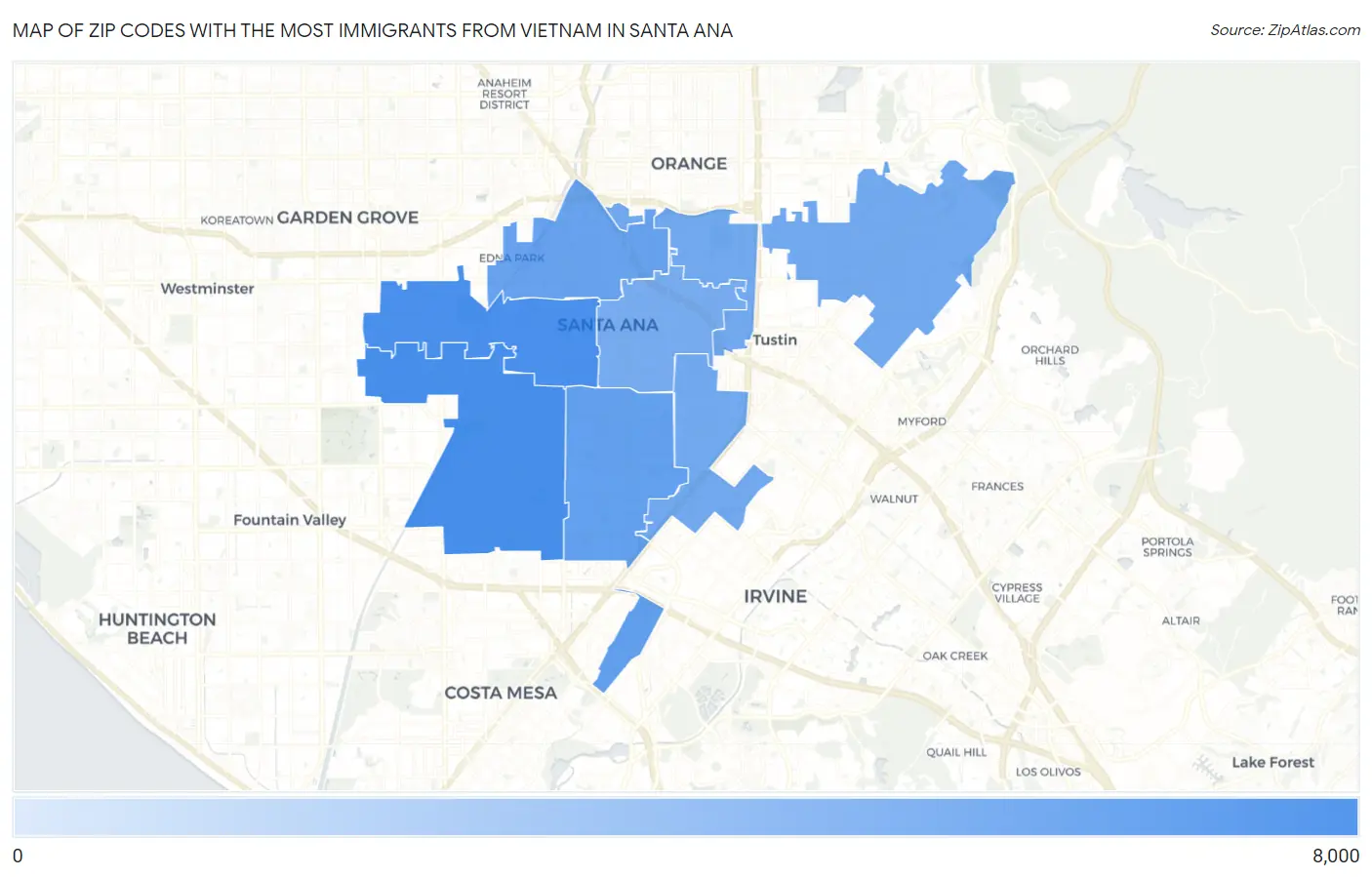 Zip Codes with the Most Immigrants from Vietnam in Santa Ana Map