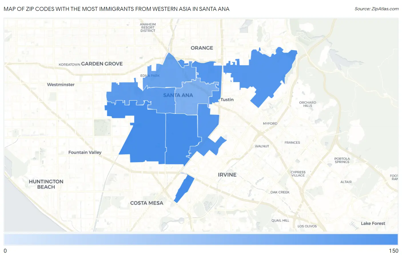 Zip Codes with the Most Immigrants from Western Asia in Santa Ana Map