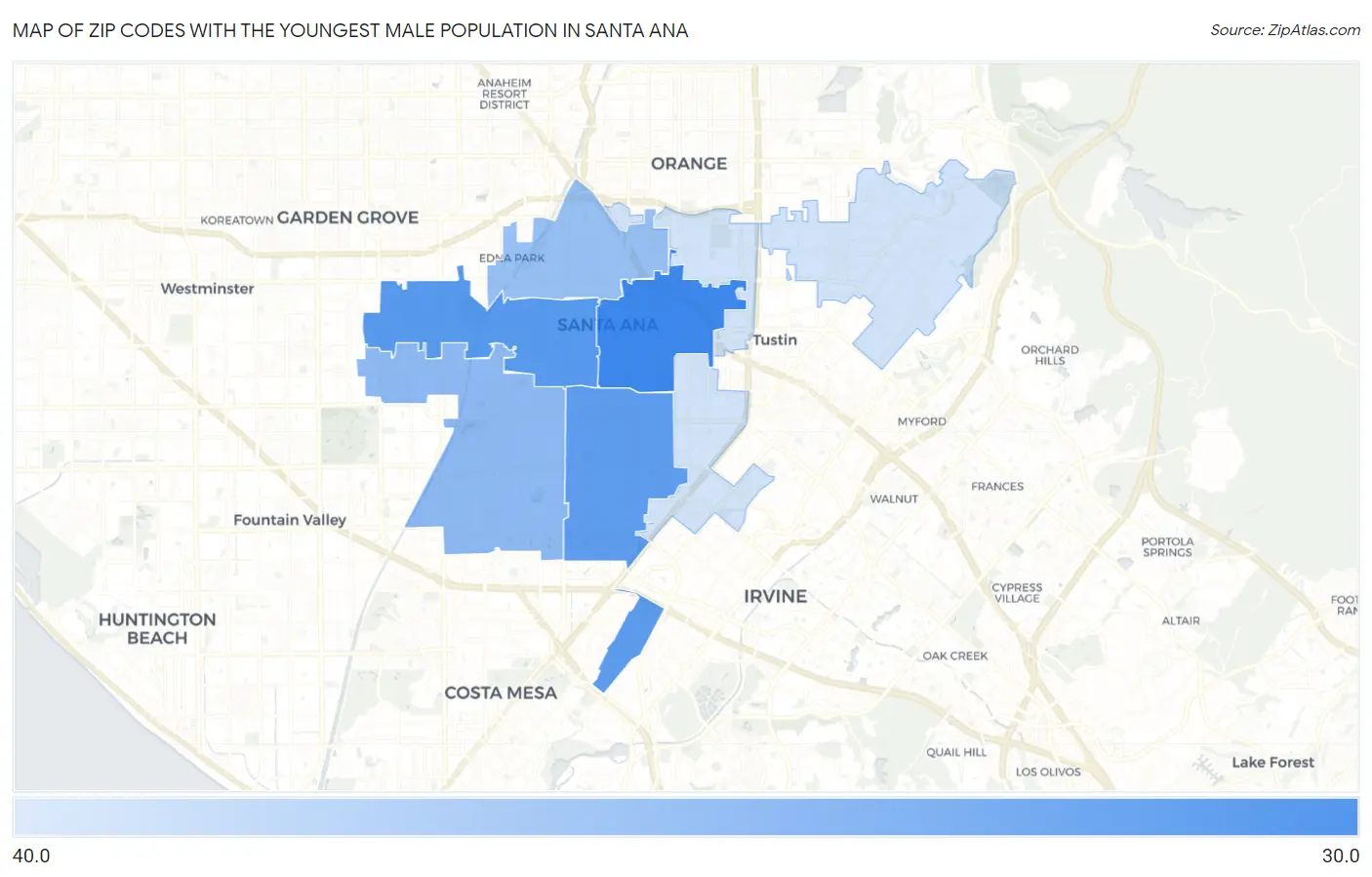 Zip Codes with the Youngest Male Population in Santa Ana Map