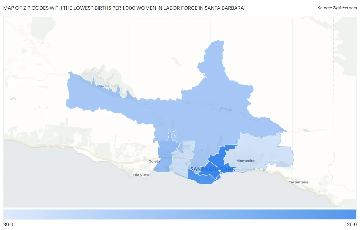 Zip Codes with the Lowest Births per 1,000 Women in Labor Force in Santa Barbara Map