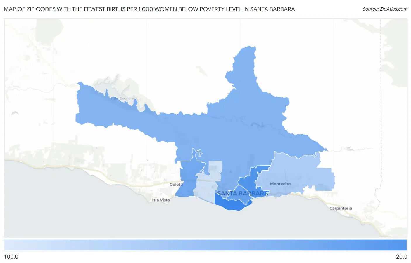 Zip Codes with the Fewest Births per 1,000 Women Below Poverty Level in Santa Barbara Map