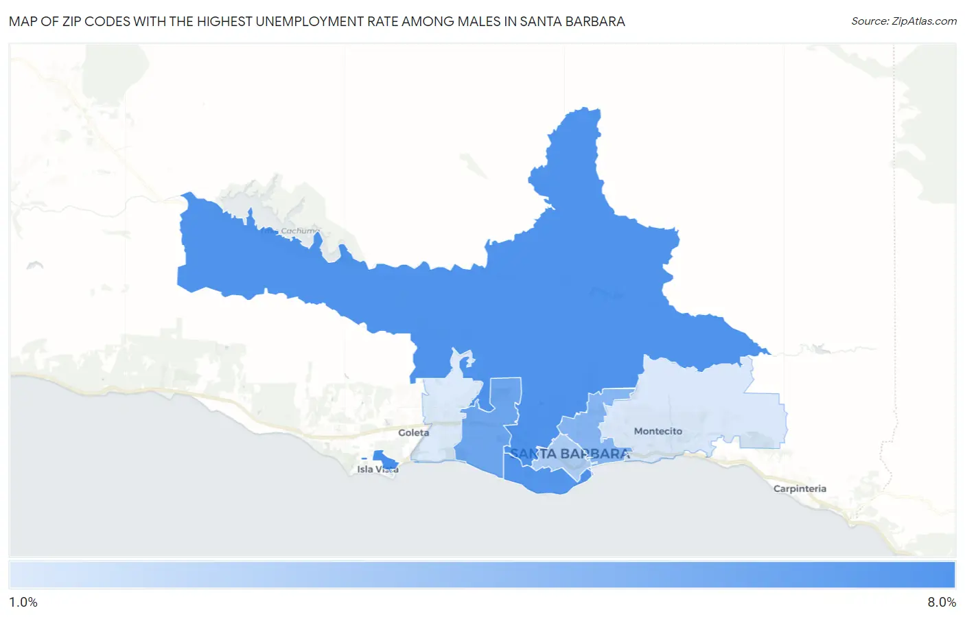 Zip Codes with the Highest Unemployment Rate Among Males in Santa Barbara Map