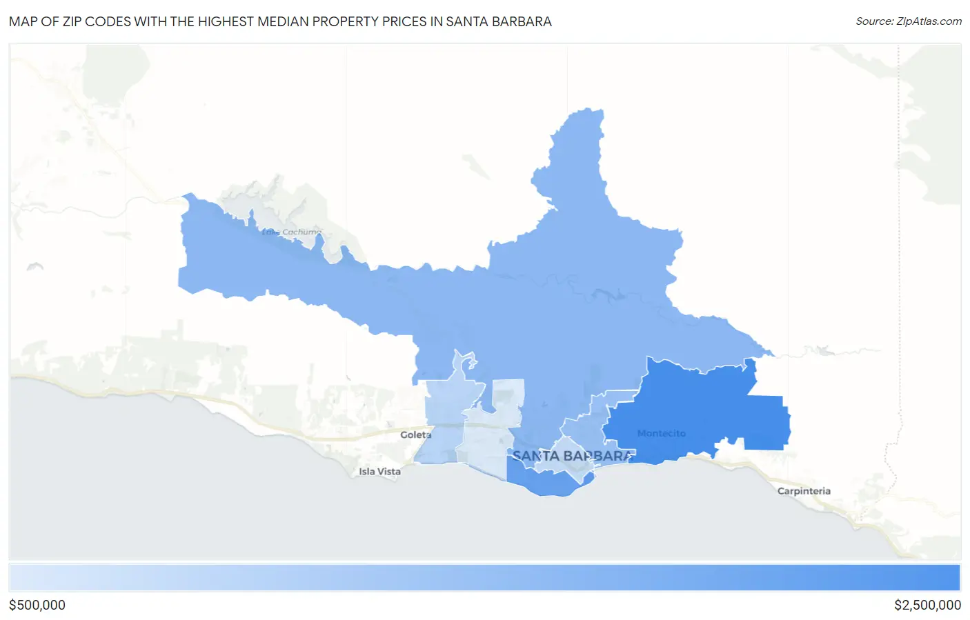Zip Codes with the Highest Median Property Prices in Santa Barbara Map