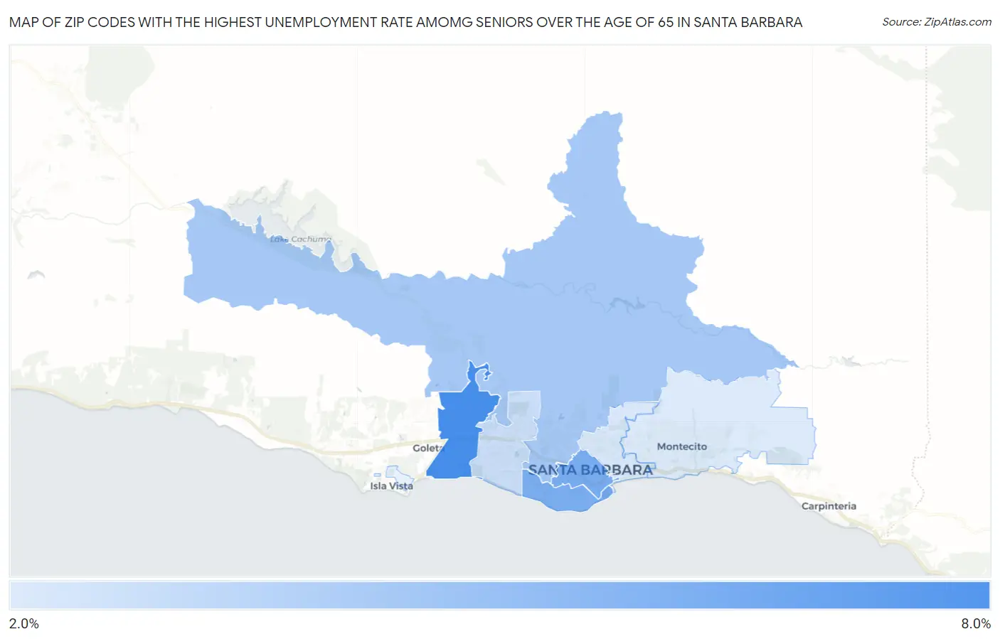 Zip Codes with the Highest Unemployment Rate Amomg Seniors Over the Age of 65 in Santa Barbara Map