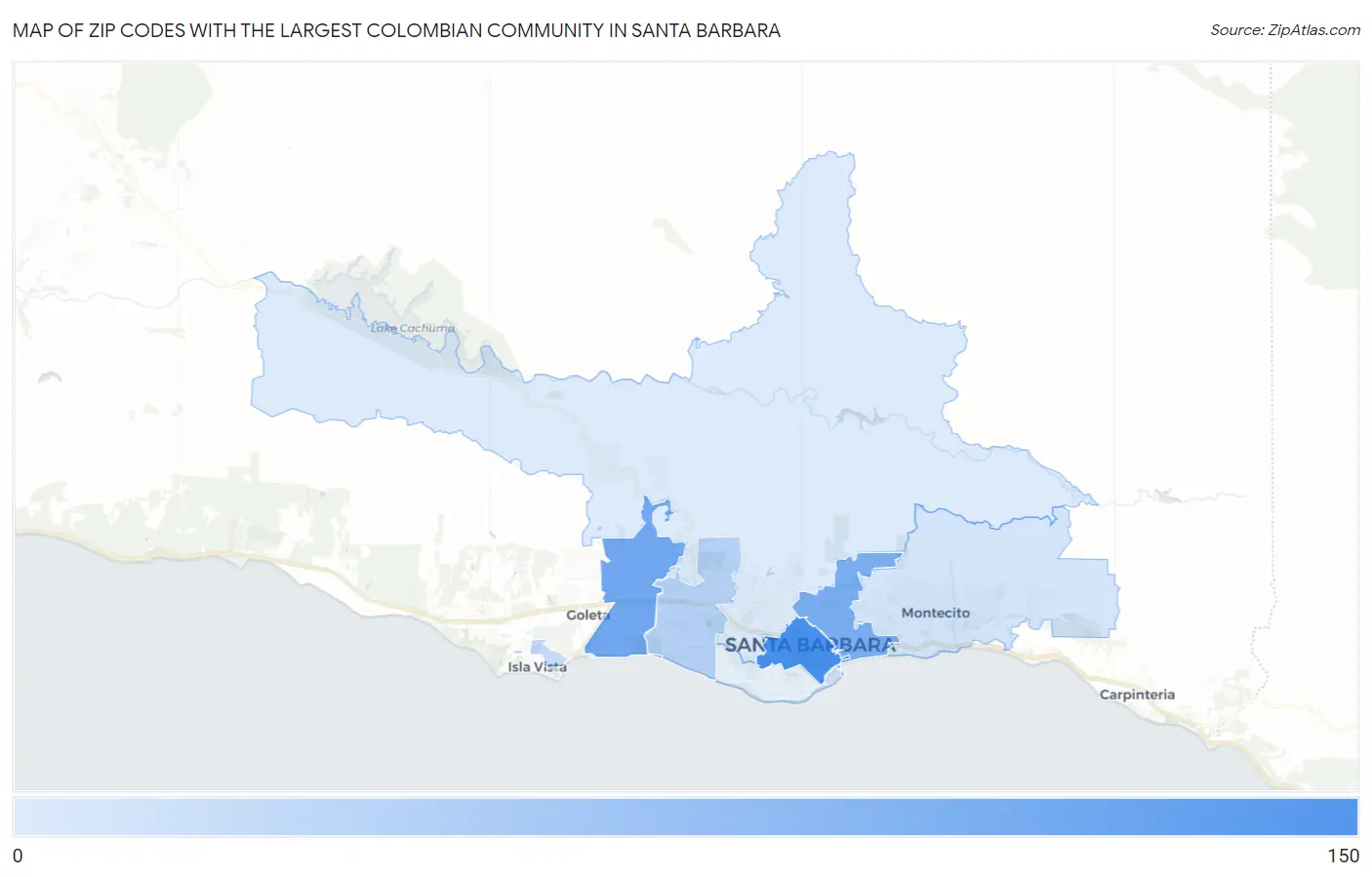 Zip Codes with the Largest Colombian Community in Santa Barbara Map