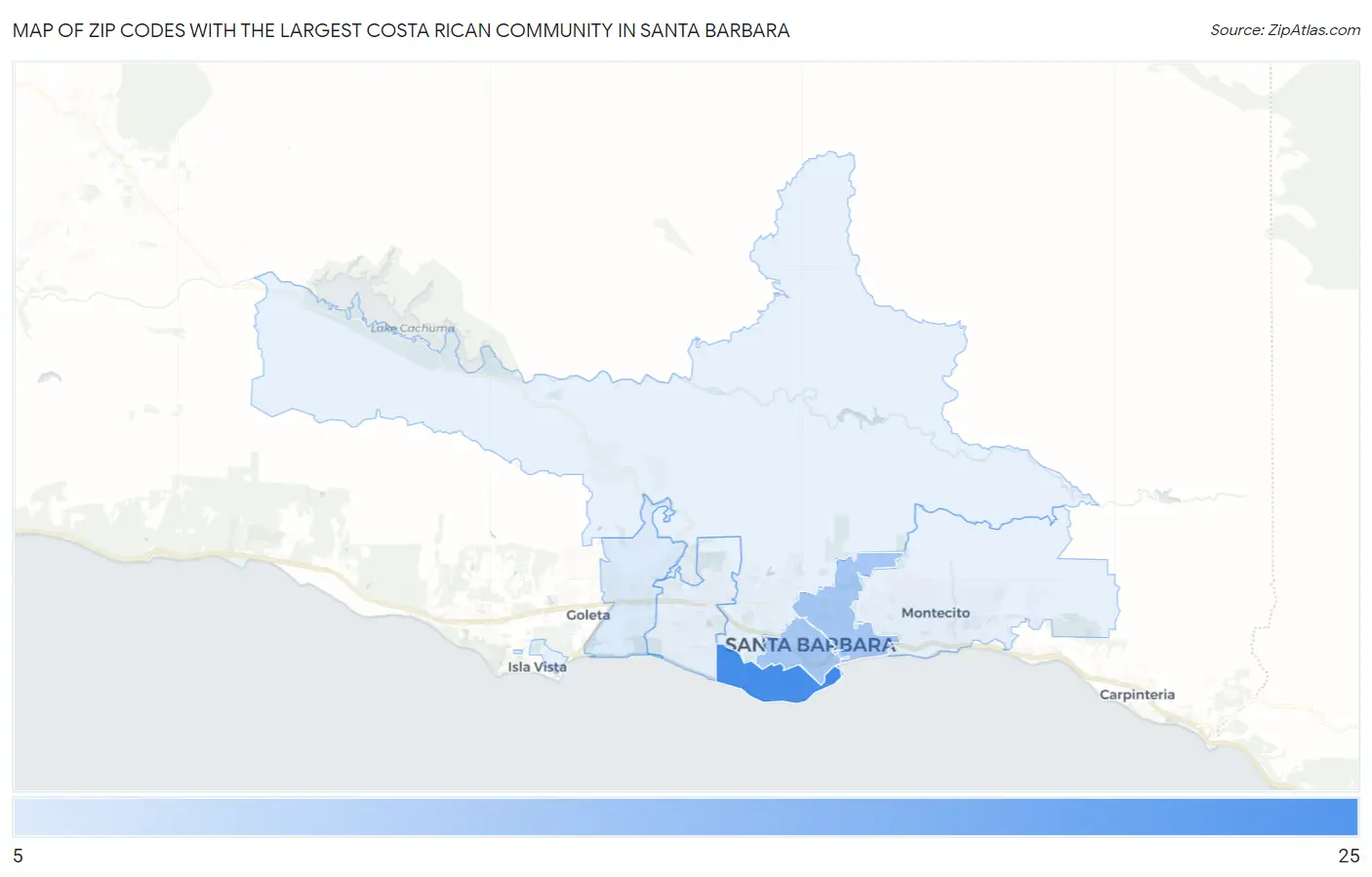 Zip Codes with the Largest Costa Rican Community in Santa Barbara Map